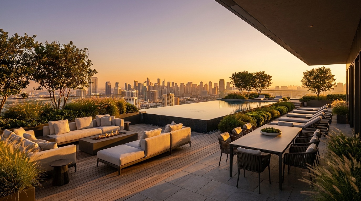 Objektfilm — Dachterrasse mit Skyline-Blick